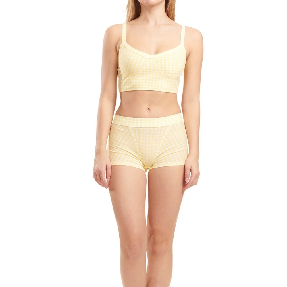 NWT Yellow Gingham Bralette High Waist Boyshorts Panty Medium Large Set Cozy